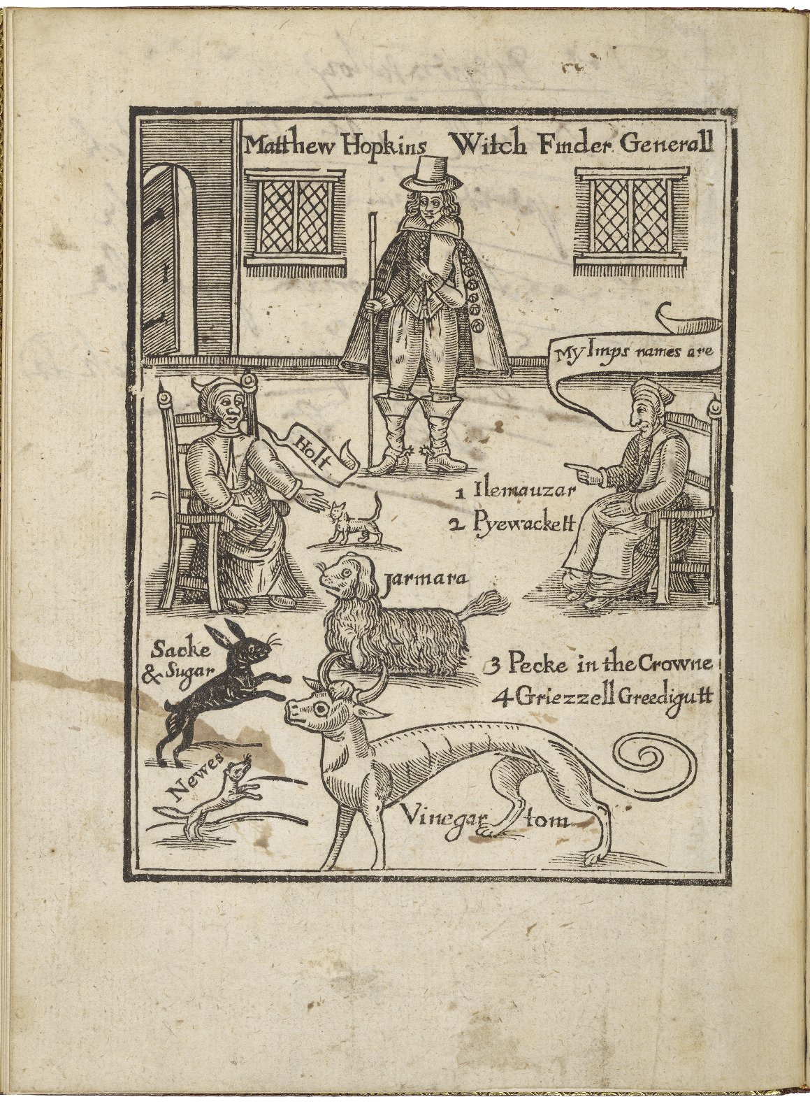 Frontispiece of Matthew Hopkins’ 1647 pamphlet The Discovery of Witches. The image shows Hopkins interrogating two witches and their familiars. Courtesy of Hathi Trust.(2).