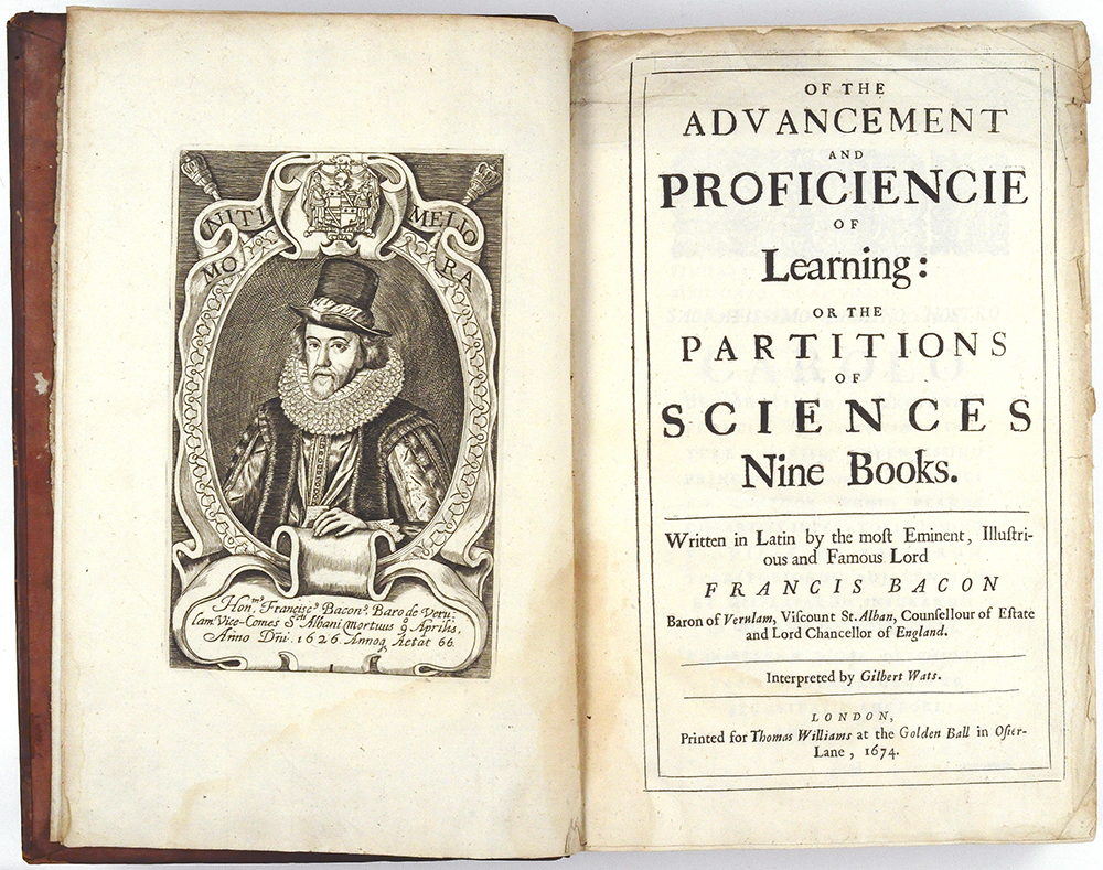 The image shows an open book with a potrait of bearded man wearing a hihg-crowned hat, large ruff, and elaborate doublet on the left and a title page on the right.