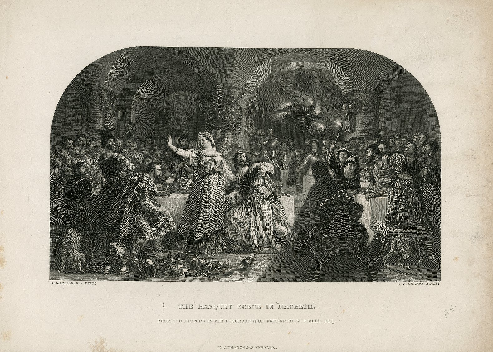 An image of the banquet scene from Macbeth Act 3, Scene 4, with Lady Macbeth gesturing for the guests to depart. Printed by Charles Sharpe, 19th century. Image courtesy of the Folger Shakespeare Library. ART File S528m1 no.104 copy 1. CC-BY SA 4.0. 