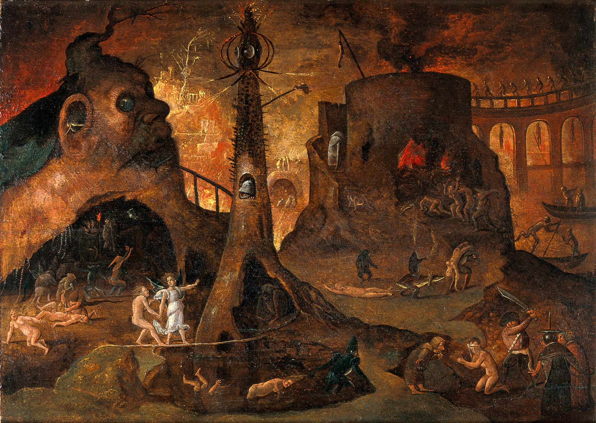 A depiction of hell, including sinners being drowned in mud, staked through the heart, slashed at with swords, dragged across the ground, and hanged. An angel dressed in white gestures outward toward the area while holding a person by the wrist. Their grasp prevents the person from flinching backward. The white of their clothing is a small spot among the browns, oranges, and reds of the rest of the painting.