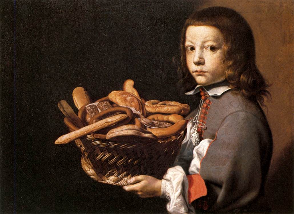 A painting of a young boy in a grey shirt holding a basket of different kinds of bread.
