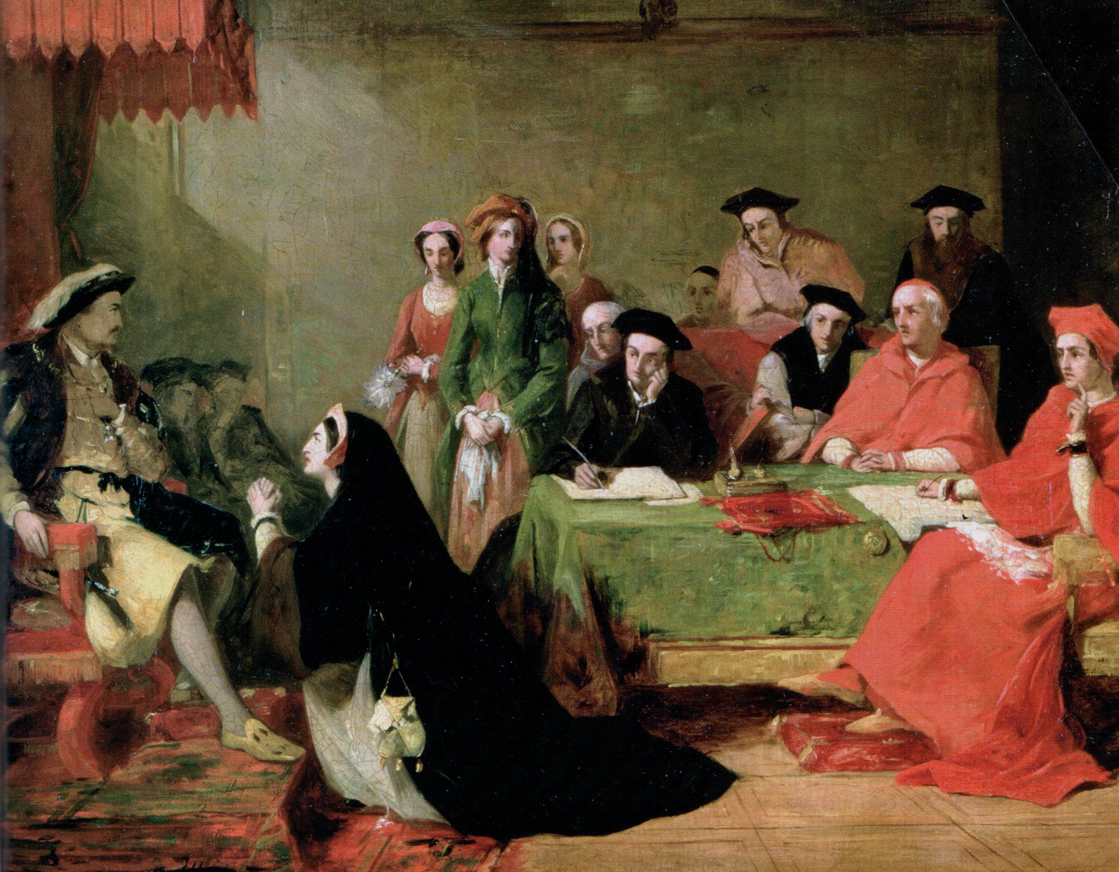 Painting depicting Catherine of Aragon kneeling in front of King Henry VIII, pleading him not to divorce her.