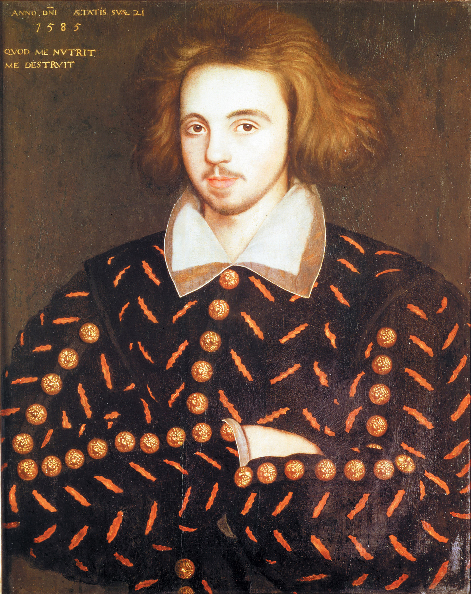 Image depicting a young man dressed in a black doublet with orange stripes. His brown hair is chin-length and he wears a small moustache. His expression is neutrally pleasant and his arms are crossed.