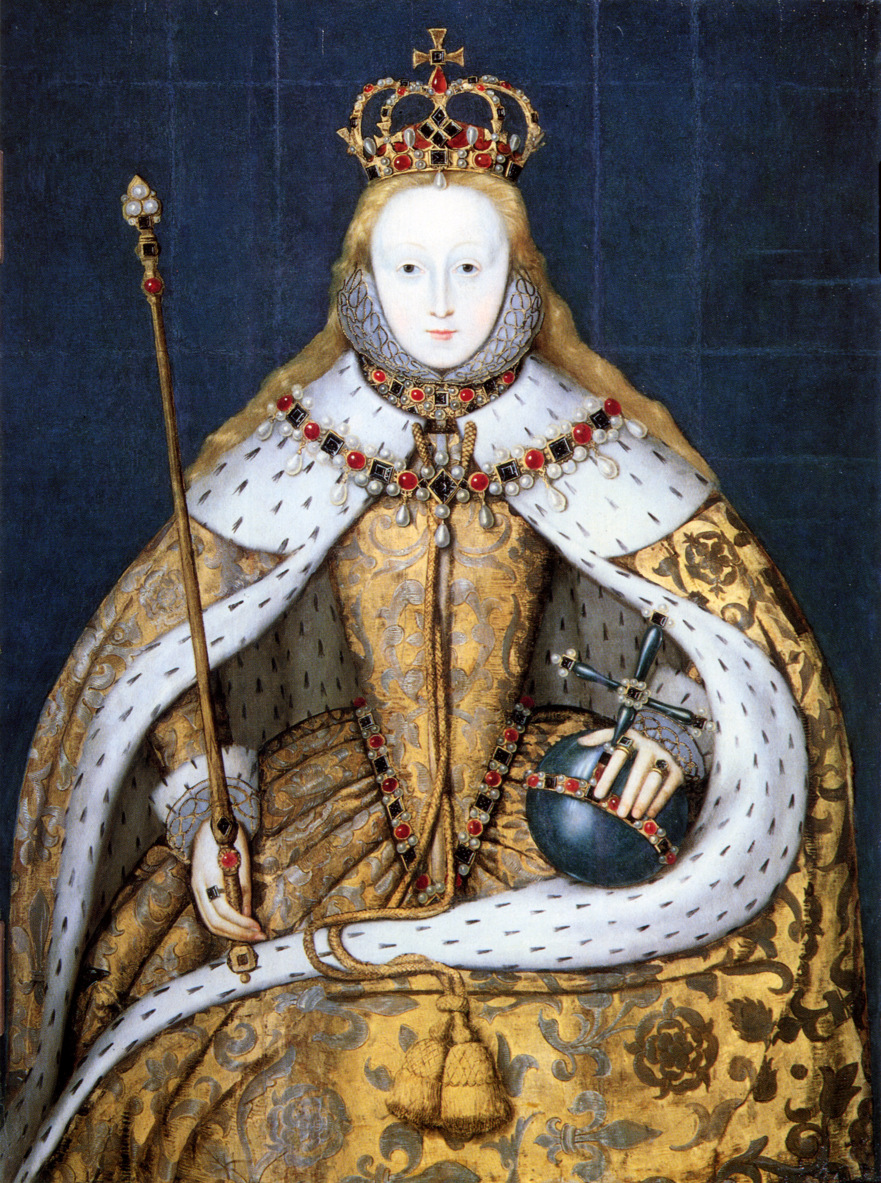 Portrait of Elizabeth I, wearing a gold dress and cape while holding an orb and scepter.