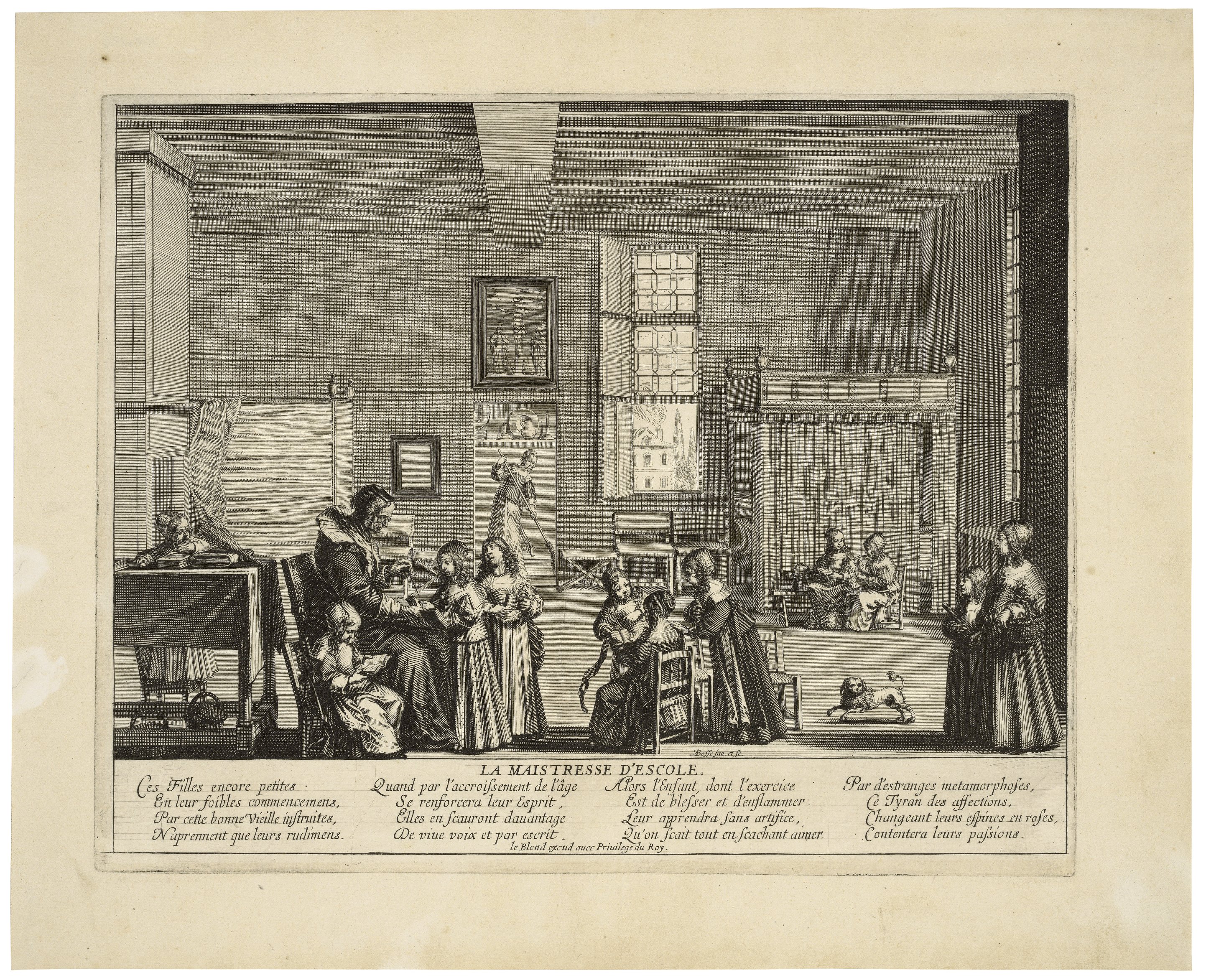 An elderly and bespectacled schoolmistress instructs girls in reading, while other girls discuss a lesson, eat lunch, or arrive at the classroom.
