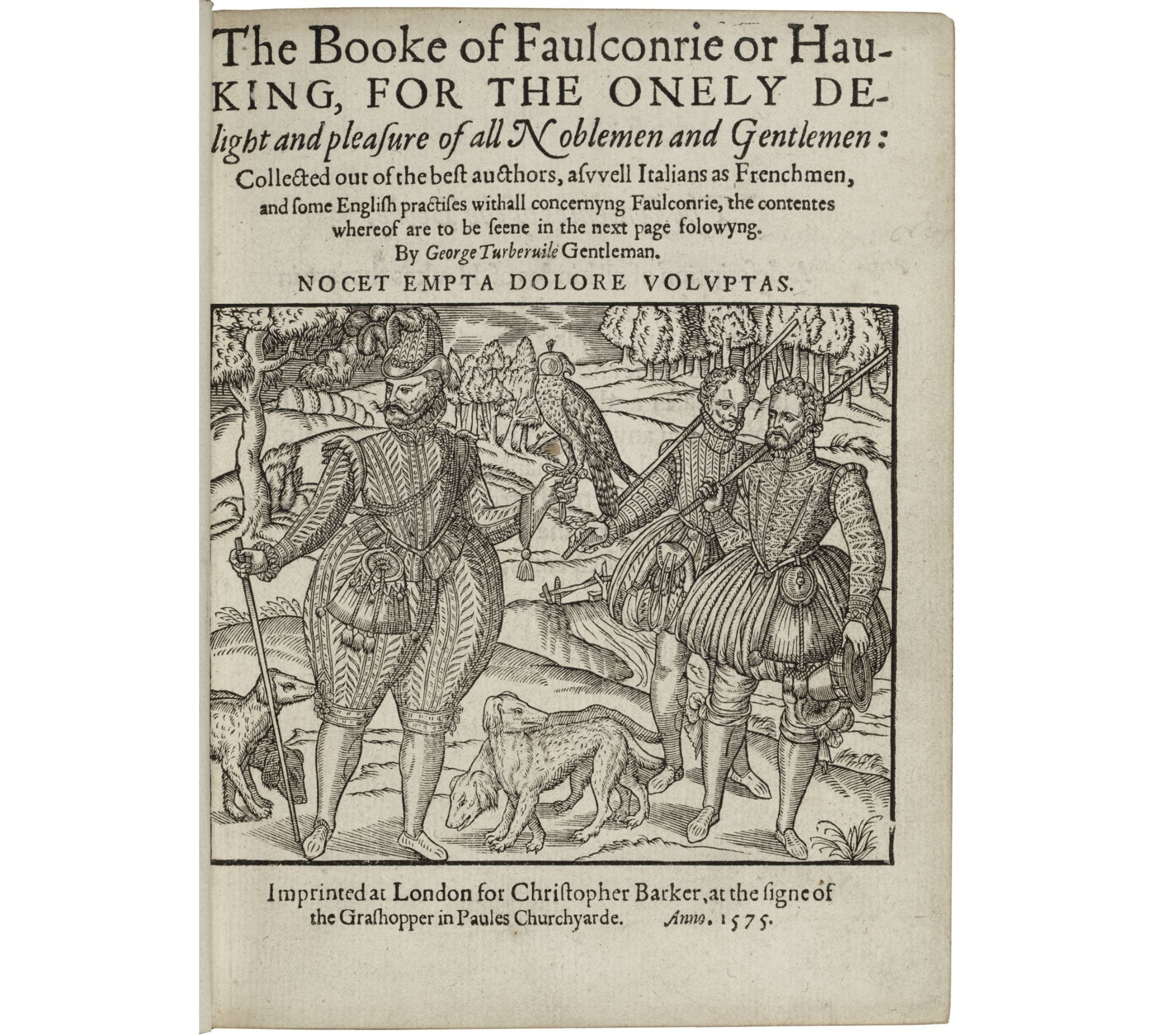 A title page reading: The book of falconry or hawking. Below the title is an image depicting three men standing in a slightly wooded area. The central man holds a bird of prey in a falconry hood on his arm. Three dogs sniff at their feet.