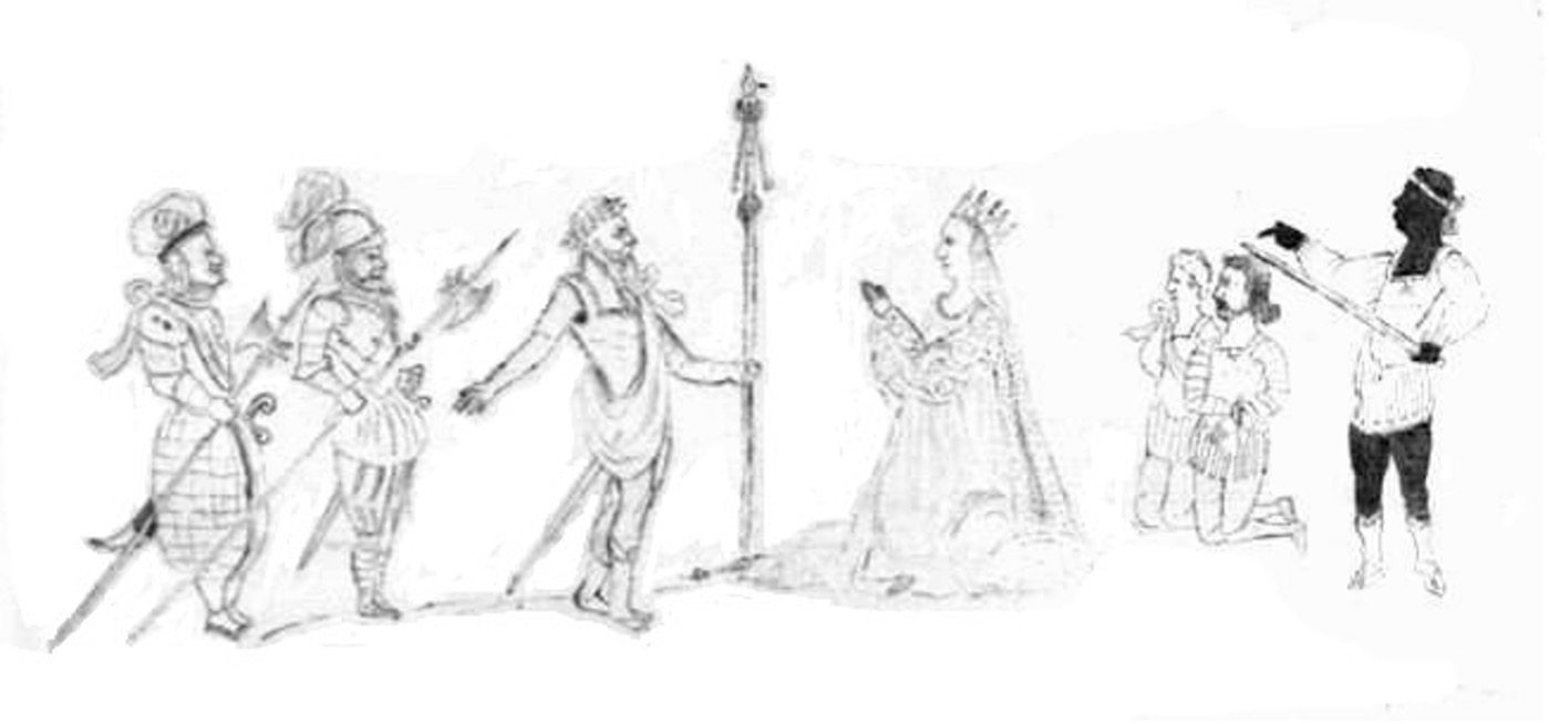 A black and white sketch of a scene of the play Titus Andronicus. A man with a spear stands with wide arms in front of a woman in a crown. Two guards with weapons stand behind him. The woman is kneeling with her hands held together in front of her. Behind her two men kneel. All the figures are white in skin tone except for a man on the far right, who has black shaded skin. He stands and points, although the subject of his pointing could be the woman or the tip of the sword he holds in his other hand.