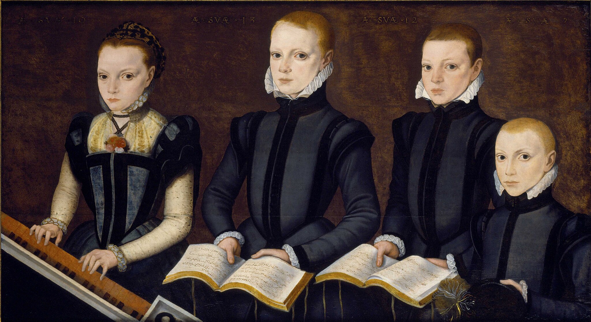 An oil on panel painying of children wearing black outfits and holding music books. The leftmost child is a girl with a pale yellow shirt under her black dress playing the piano. To her left are three boys of varying ages, holding books containing sheet music. All four children have pale skin and brown hair and are looking at the observer with blank faces and closed mouths.