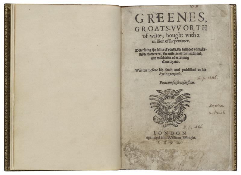 Title page of the book Greenes Groats-VVorth of Witte from 1592. The modernized title reads: Greene’s Groatsworth of Wit, Bought with a Million of Repentance. The printer’s ornament is a mammalian creature’s face with fronds or feathers flaring out behind it.
