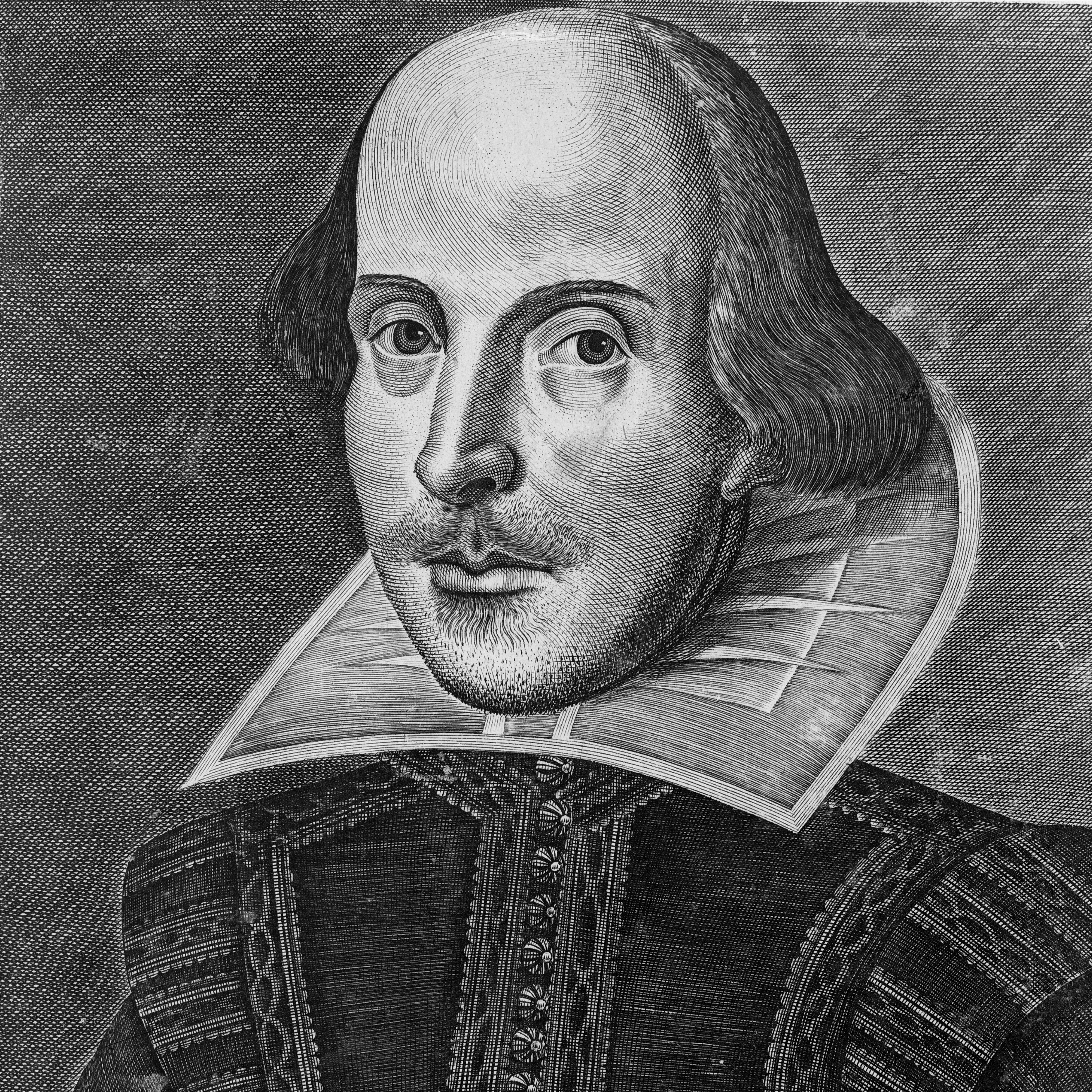 This portrait of Shakespeare shows him as a mostly bald man wearing a wide white ruff and doublet