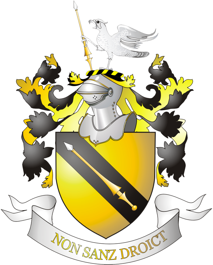 A digitally rendered depiction of the Shakespeare coat of arms. The shield is bright yellow with a black stipe diagonally across, containing a gold spear. On top of the sheild is a helmet with a twisted gold and black rope around its crown. This rope holds the black and yellow plumes that surround the helmet. A white bird of prey sits on top of the helmet with wings outspread and break open. It holds a spear in its raised foot. Below the shield is a white banner with gold text that reads: NON SANZ DROICT.