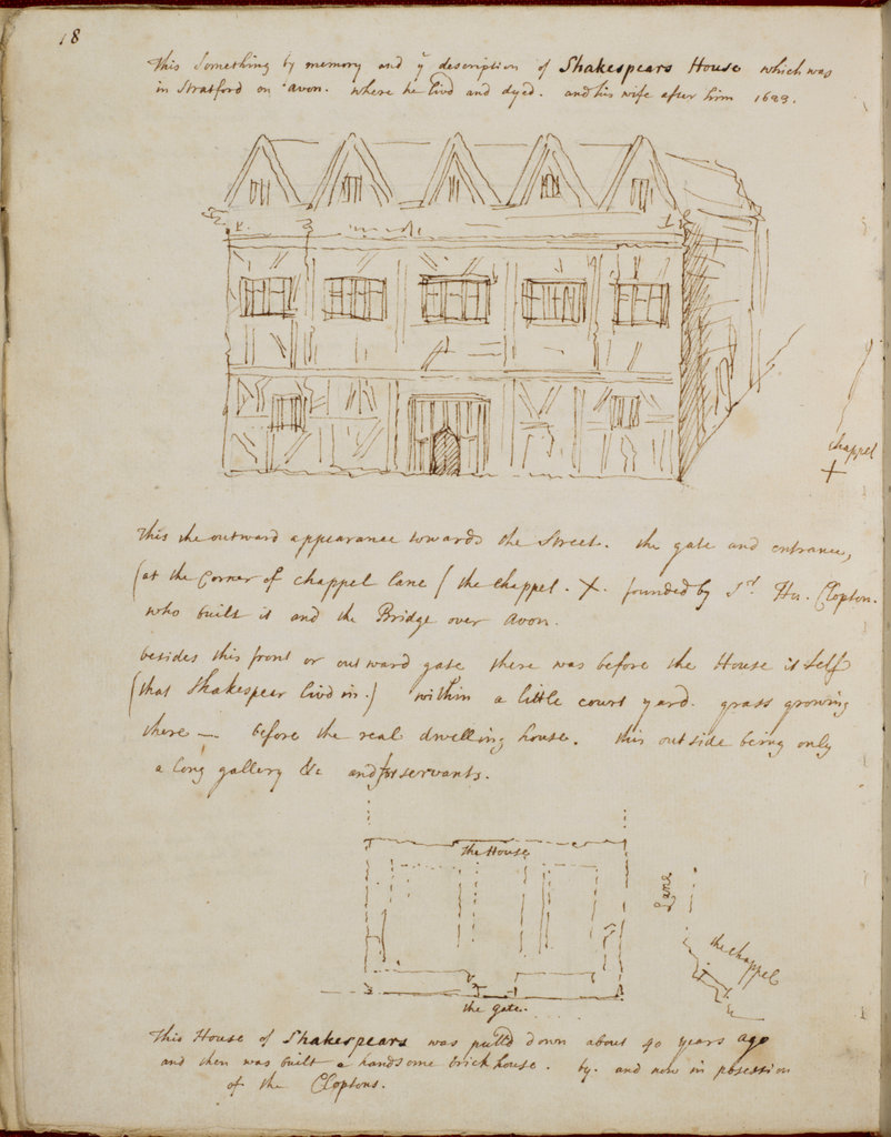 A sketch of Shakespeare’s new home in Stratford-upon-Avon. It is a lightly detailed sketch of the front of the structure and some of the left side. The house is three stories tall, with many windows. Lower down the page is a simple floor plan of the house.