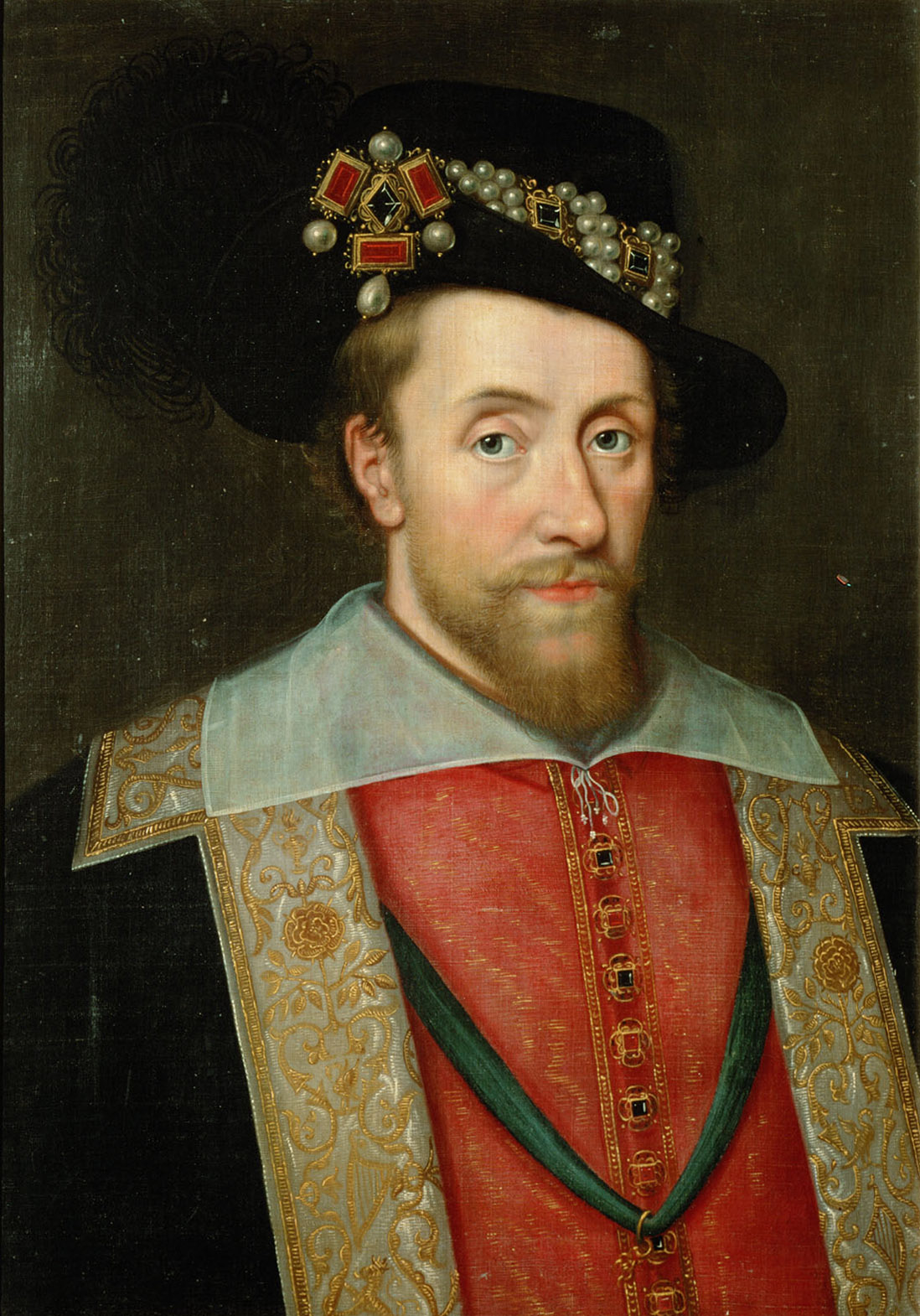 A portrait of James I, dressed in an outfit of black, red, white, and gold. He wears a black, wide-brimmed hat with jewels decorating it.