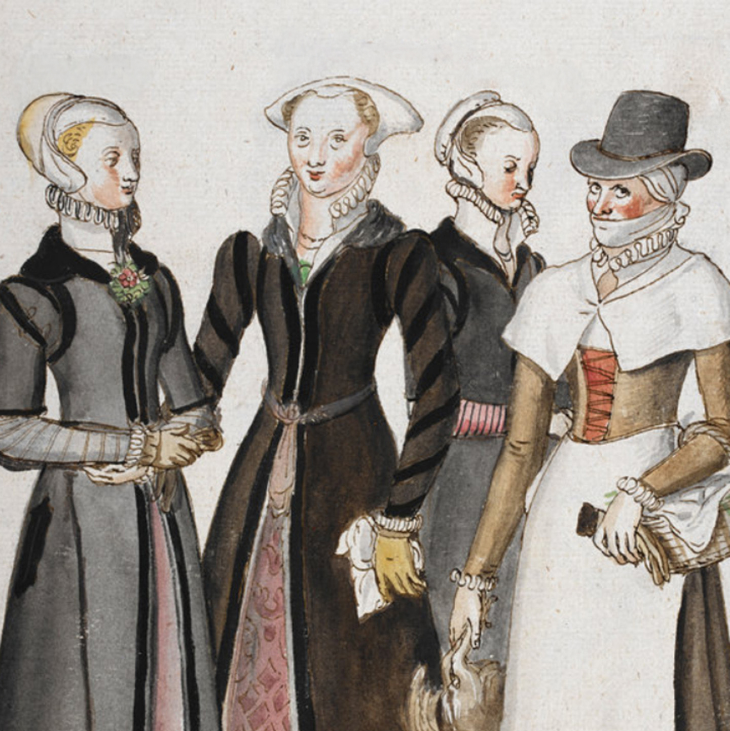 A full-length image of three Elizabethan gentlewomen in grey, brown, and black gowns with small ruffs and white head coverings and one countrywoman in a gown covered by an apron and wearing a tall grey hat. The title of the work is London Gentlewomen and a Countrywoman by Lucas de Heere from his Corte Beschryvinghe van England, Scotland, ende Irland (A short description of England, Scotland and Ireland), a manuscript codex written and illustrated ca. 1571–1574 (BL Add MS 28330). Source: Wikimedia Commons. Courtesy of the British Library. Public Domain.