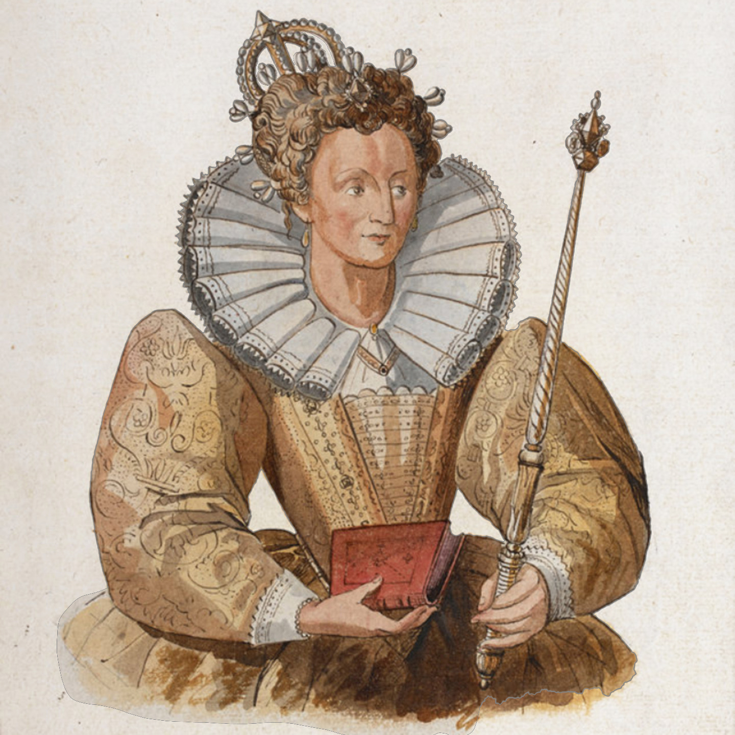 
                      A three-quarter portrait bust of a woman wearing a crown, a large neck ruff, and an elaborate golden gown holding a scepter and a red book. The title of the work is Portrait of Elizabeth I of England by Lucas de Heere from his Corte Beschryvinghe van England, Scotland, ende Irland (A short description of England, Scotland and Ireland), a manuscript written and illustrated in about 1574. Source: Wikimedia Commons. Courtesy of the British Library. Public Domain.
                  
