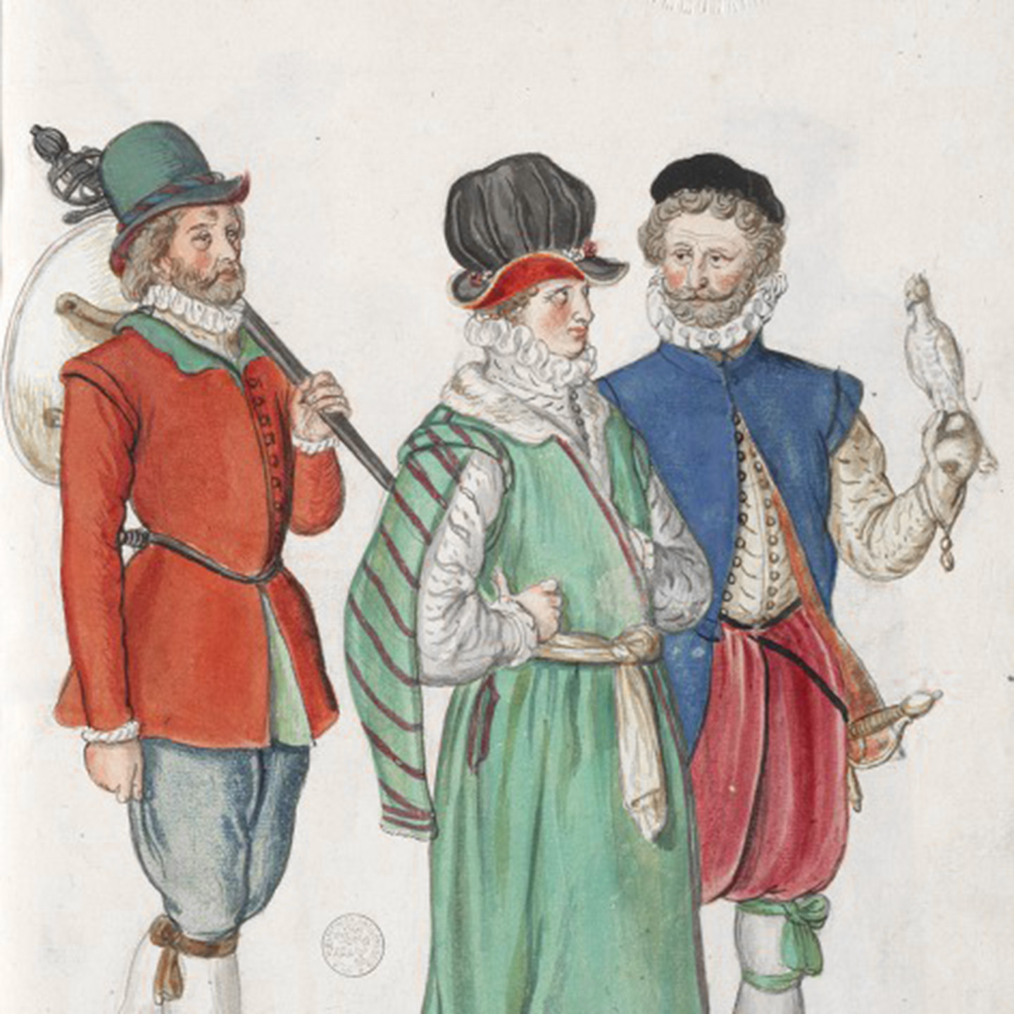 A full length color image of an Elizabethan gentleman holding a hawk and wearing low-crowned black hat, a blue vest over a gold doublet and red pants. He stands next to a woman in a green and white dress wearing a high-crowned black hat. Behind them stands a servant in a green hat, rust colored doublet and light blue pants holding his master’s sword and buckler shield. By Lucas de Heere from his Corte Beschryvinghe van England, Scotland, ende Irland (A short description of England, Scotland and Ireland), a manuscript written and illustrated in about 1574. Source: Wikimedia Commons. Courtesy of the British Library. Public Domain.
