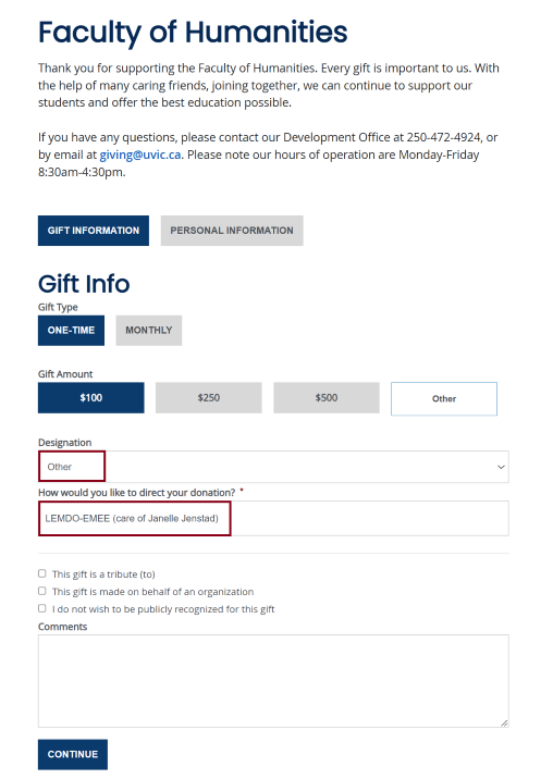 A screenshot from the Faculty of Humanities donation page, with text Thank you for supporting the Faculty of Humanities. Every gift is important to us. With the help of many caring friends, joining together, we can continue to support our students and offer the best education possible. If you have any questions, please contact our Development Office at 250-472-4924, or by email at giving@uvic.ca.