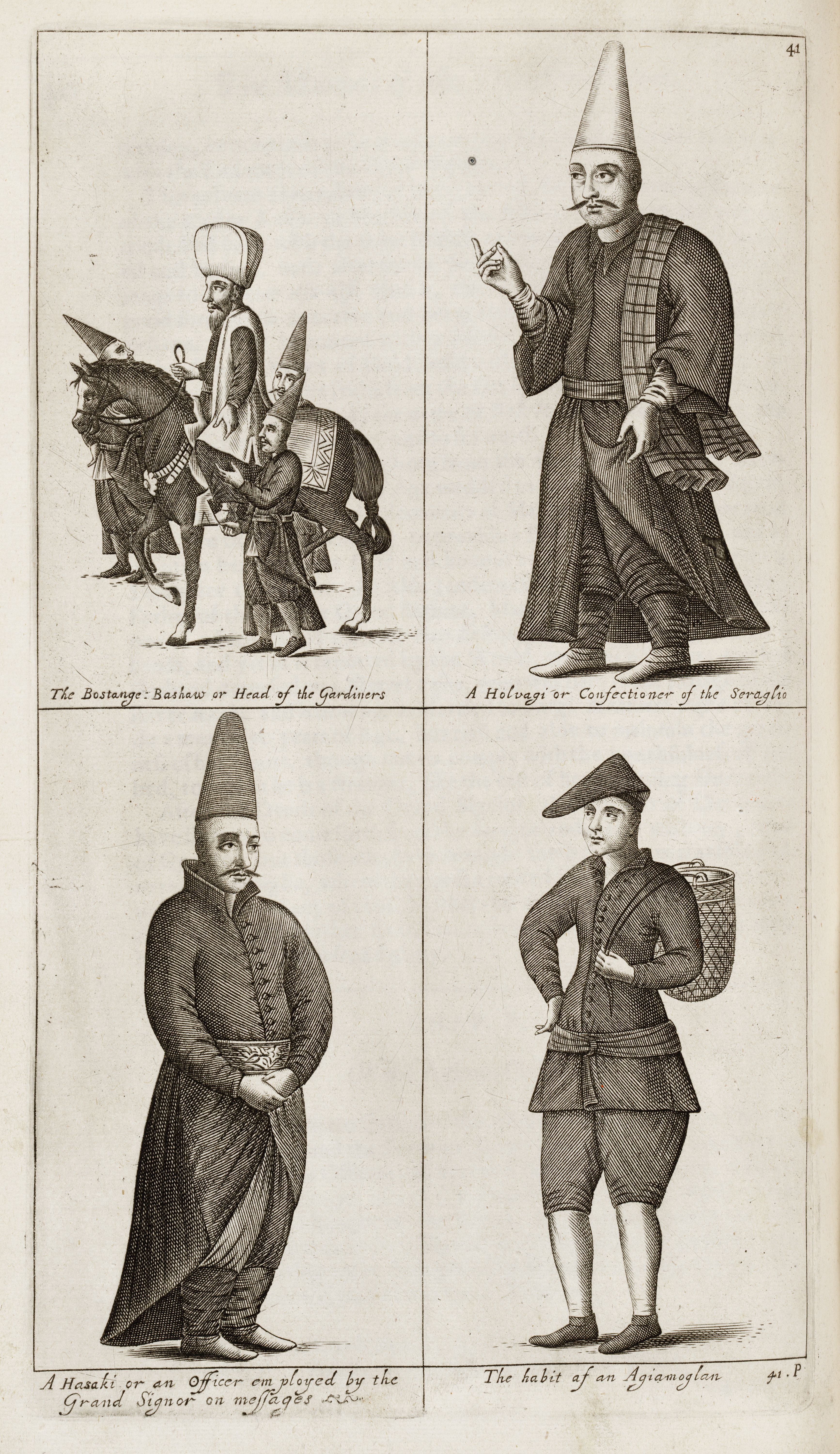 A page divided into four. Each of the quadrants contains a drawing. The top left drawing depicts a man in a large turban riding a horse and escorted by several other men in pointed hats. The next two drawings are of more men in pointed hats in various garb. The last drawing is of a man with a pointed hat folded forward on his head and a basket held over his shoulder.