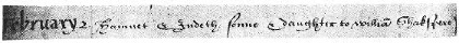 A cropped image of the parish register christening records of Hamnet and Judith Shakespeare. The modernized text reads: February 2 Hamnet and Judith son and daughter to William Shakespeare.