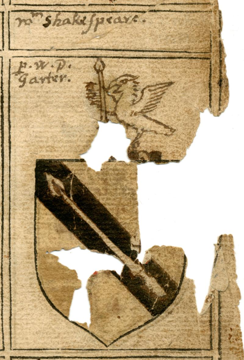 A black and white sketch of a coat of arms. It features a sheild with a black diagonal stip containing a spear. On top of the sheild, a bird stands with spread wings. Its mouth is open and one of its wings hold a spear.