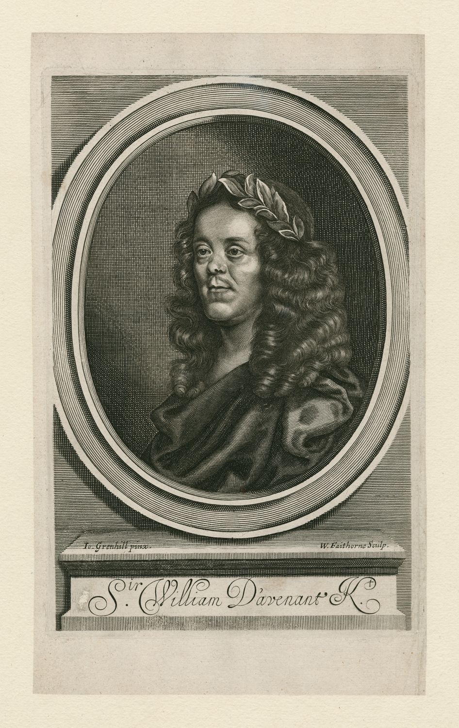A black and white printed image of a man in loose, draping clothing, with hair down to his shoudlers, and a laural crown on his head. Text along the bottom of the images reads: Sir William Davenant.
