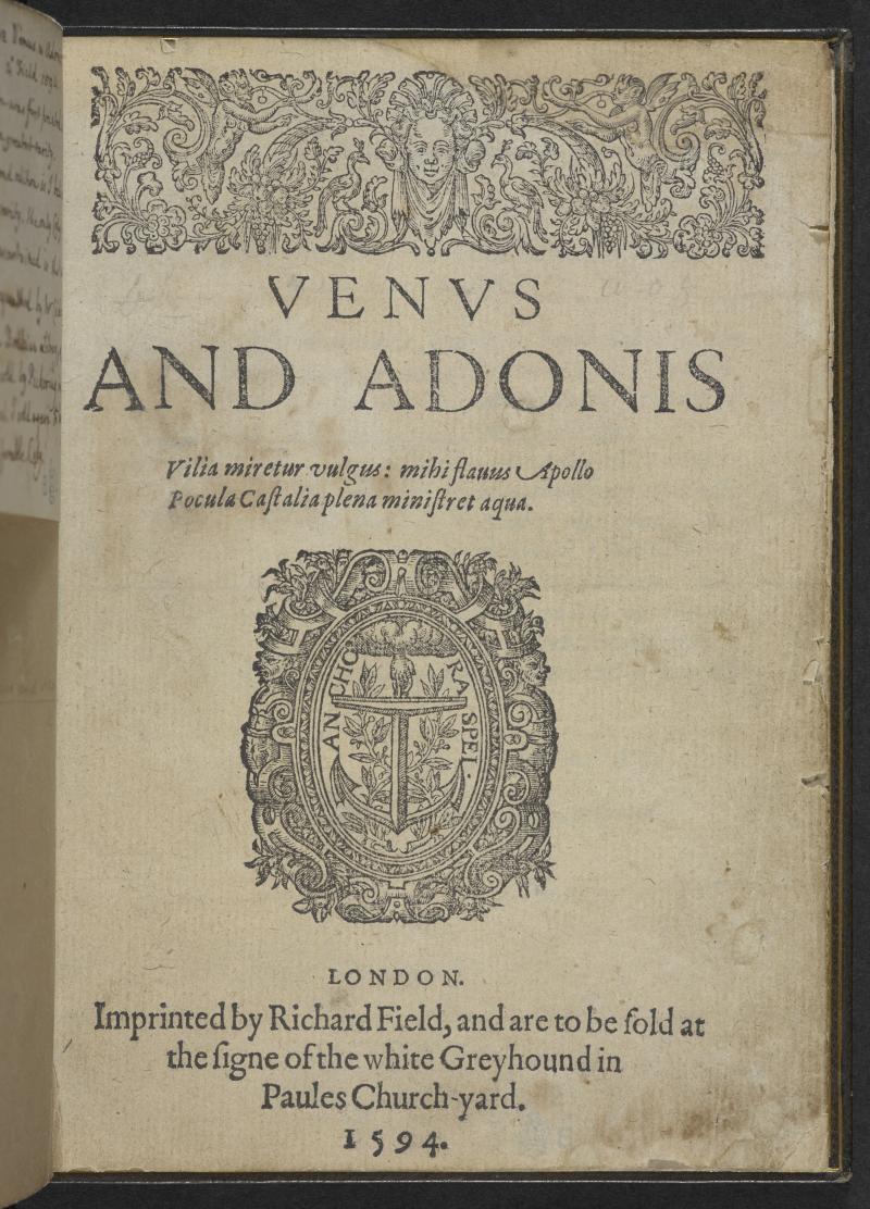 First edition of Venus and Adonis, 1593. Courtesy of The Folger Shakespeare Library. Public Domain.