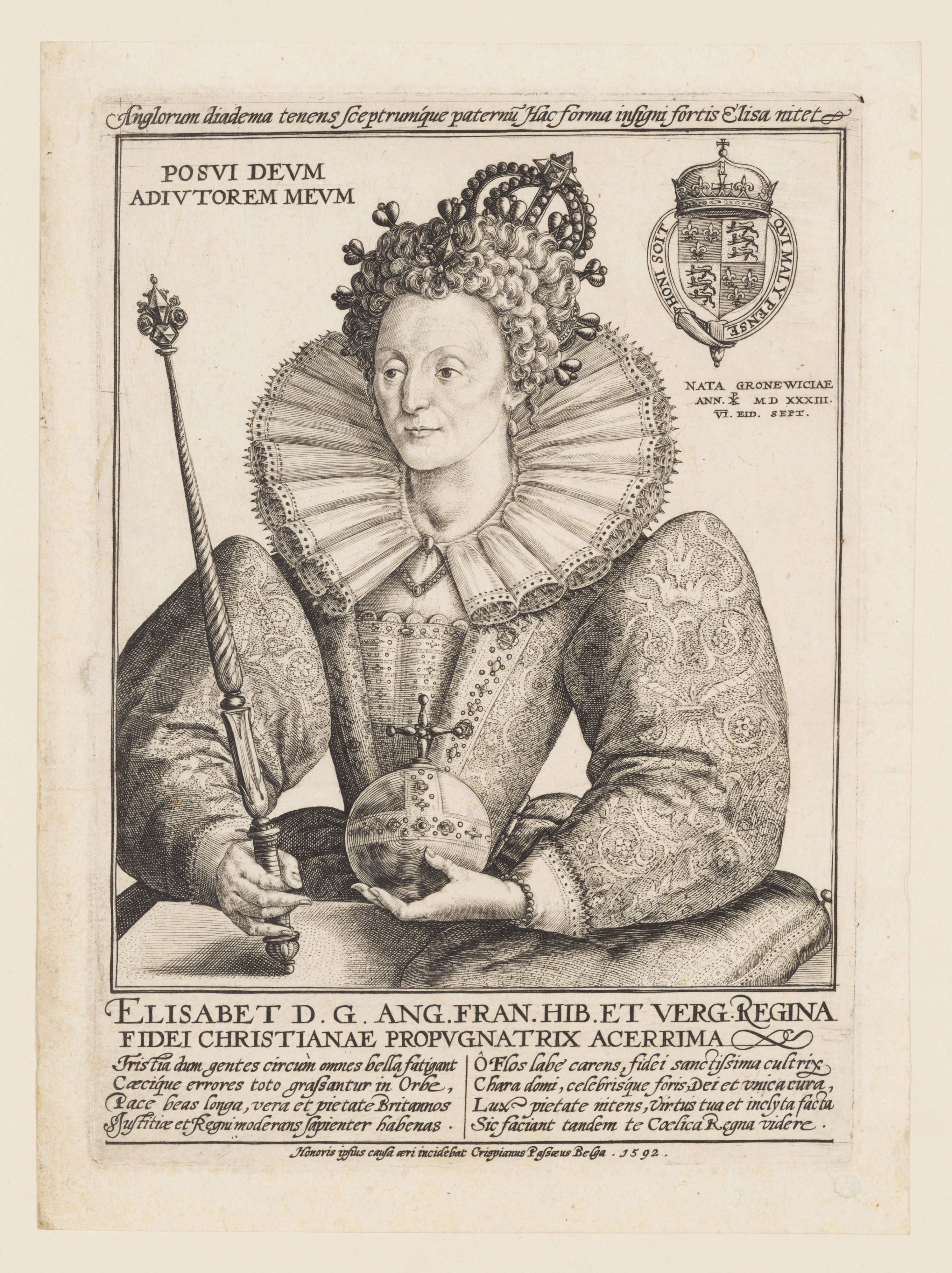 A black and white drawing of a woman with curly hair. She wears a crown and a dress with a large collar and puffed sleeves. In either hand is an orb and a scepter.
