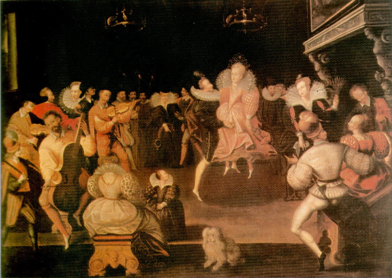 In an ornate room, well dressed nobility and some musicians stand in a ring. In the center are a man and a woman. He is dressed in black while she wears a pink gown. Both sport prominent ruffs. They are dancing; the woman is depicted mid-jump with the man supporting her.