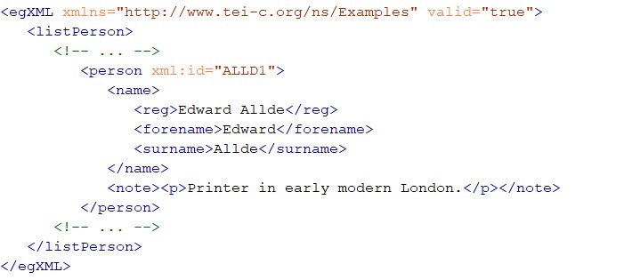 
                           An egXML element with http://www.tei-c.org/ns/Examples as the value on the xmlns attribute and true as the value on valid. In the egXML text node is a listPerson with one child person element that has the children name with child reg, forename, and surname elements and note with a child p element.
                        