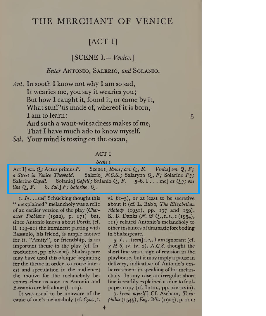 
                        A printed page bearing the text of Act One, Scene One of The Merchant of Venice with a band of collation notes below the text and annotations below the collation.
                     