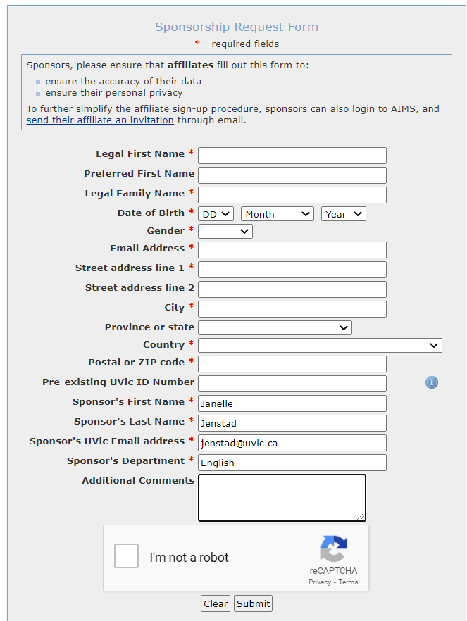 
                              Screenshot of the Sponsorship Request Form. Sponsorʼs First Name is Janelle. Sponsorʼs Last Name is Jenstad. Sponsorʼs UVic Email address is jenstad@uvic.ca. Sponsorʼs Department is English
                           