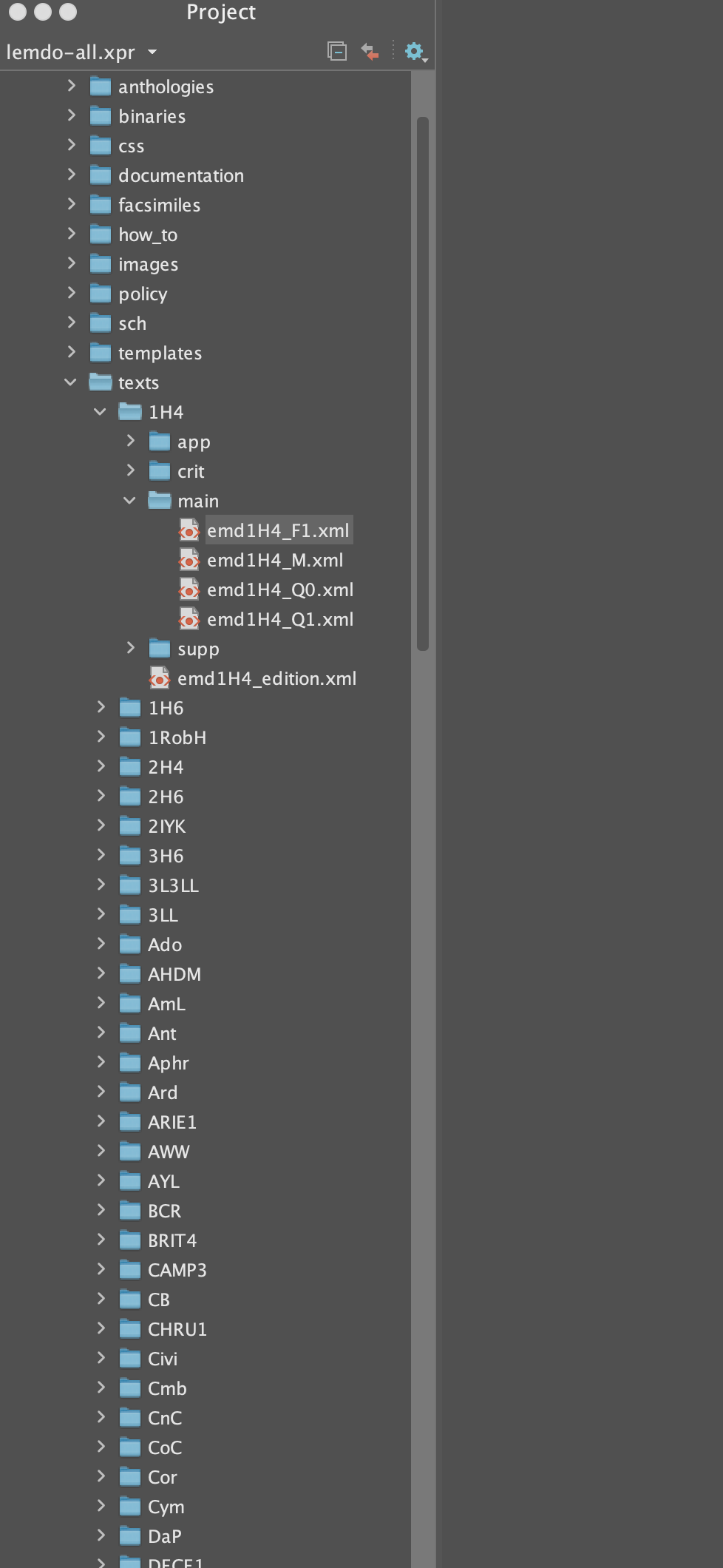 
                                 Screenshot of the project view pane with data/texts/1H4/main open
                              