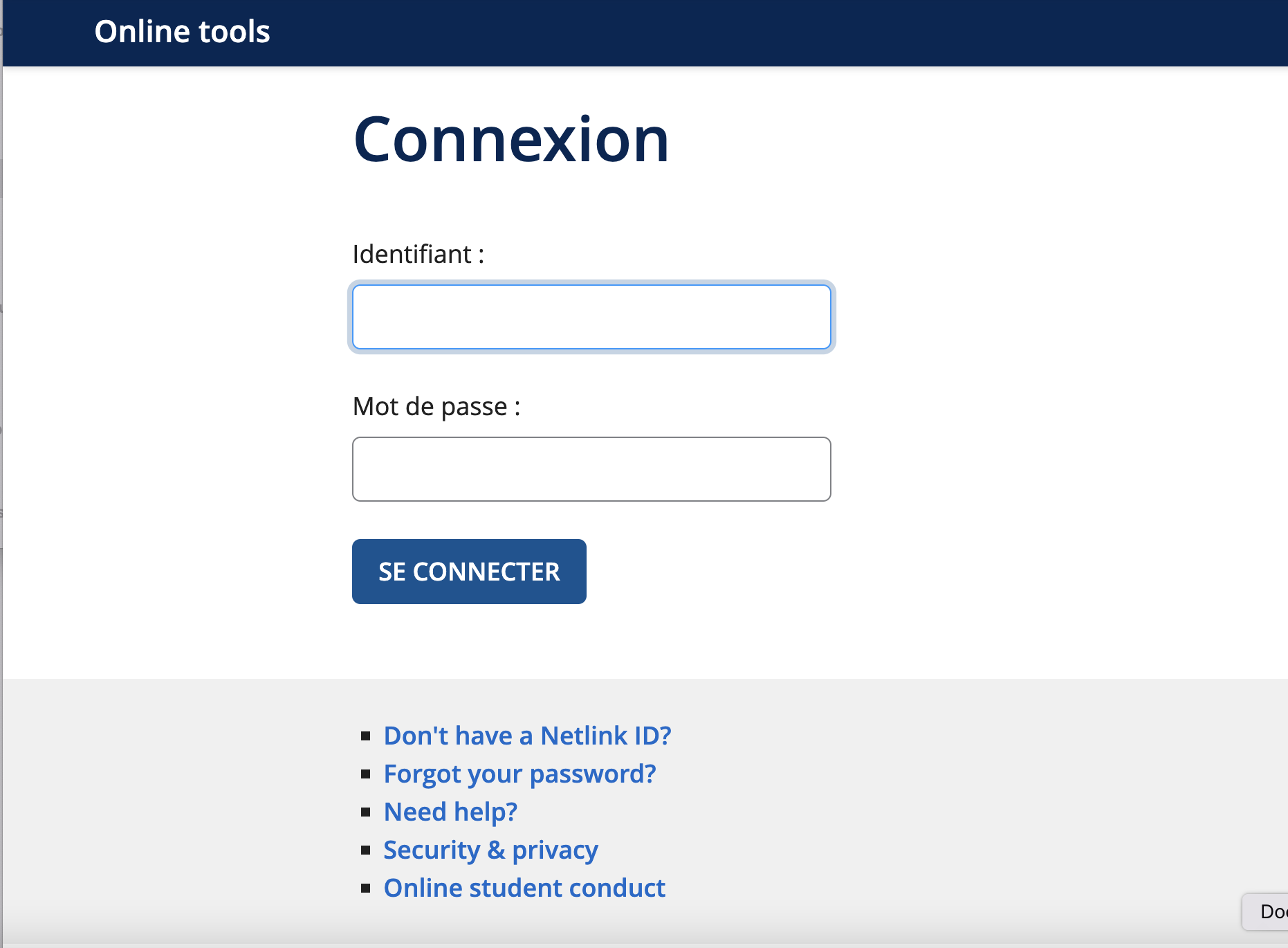 
                           Screenshot of a Web page titled Online Tools. The second heading reads Connexion with fillable fields for Identifiant and Mot de passe. There is a button labelled Se connecter below.
                        