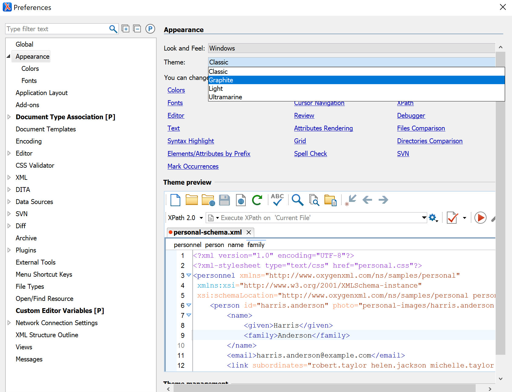 
                           Oxygen Preferences window open to the Appearance section. A dropdown menu beside theme shows that the current theme is Classic, but Graphite is being selected.
                        