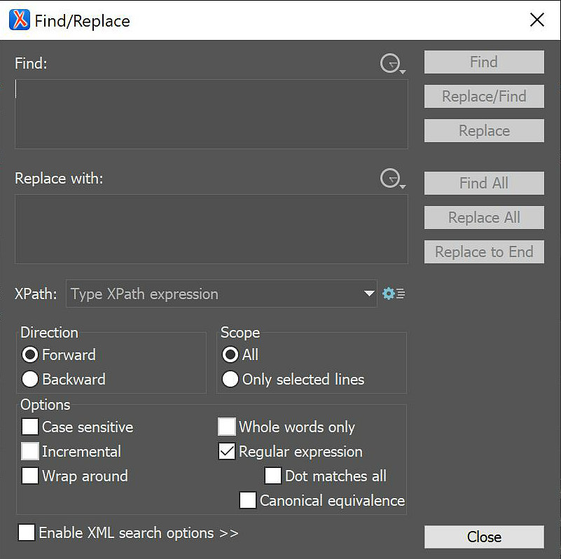 
                           Oxygenʼs Find/Replace window
                        