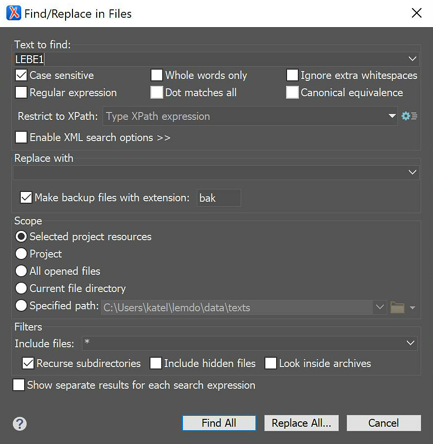 
                           Oxygenʼs Find/Replace in Files window. Text to find text box reads: LEBE1
                        