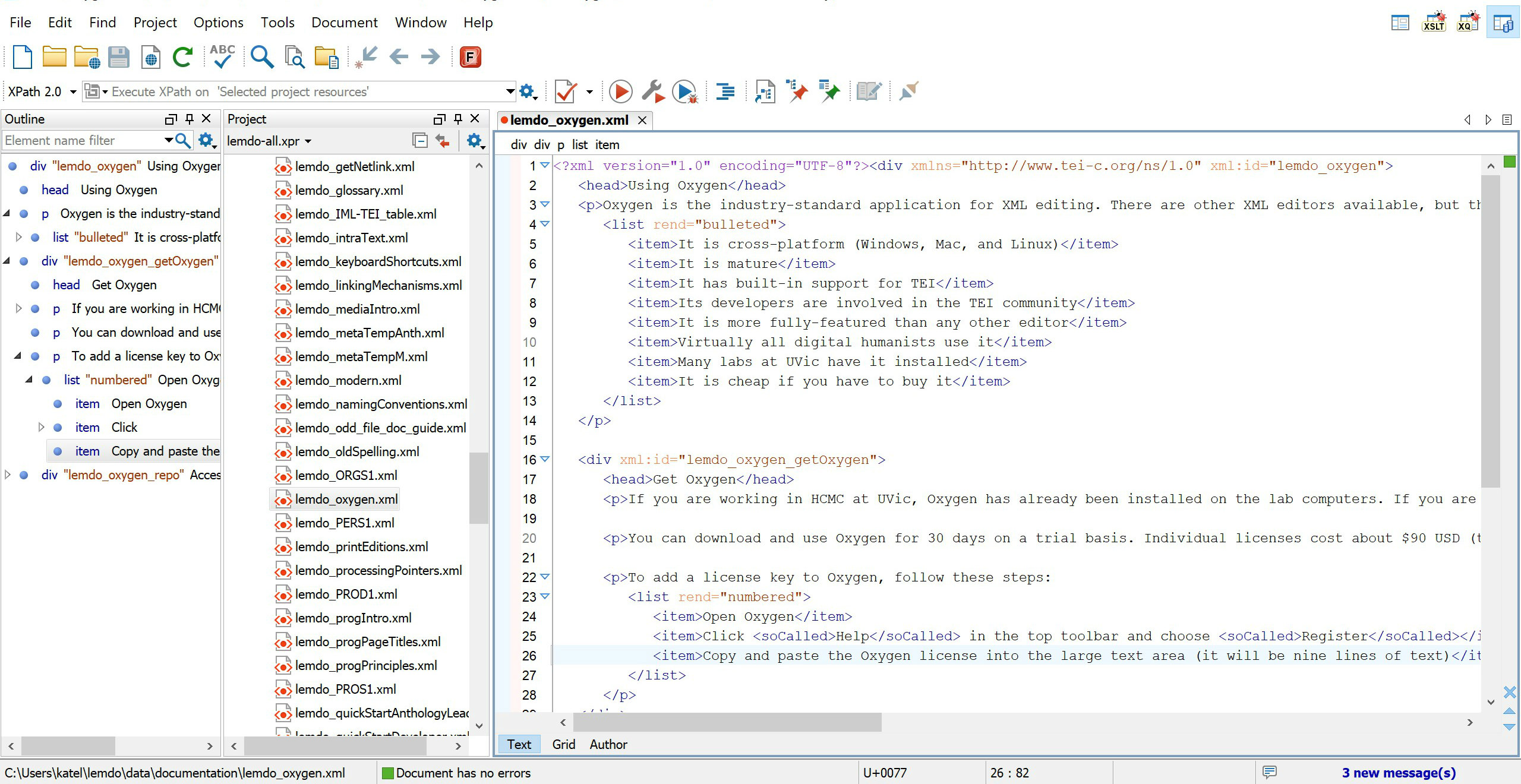 
                           Oxygen window with the Outline and Project panels open on the left.
                        