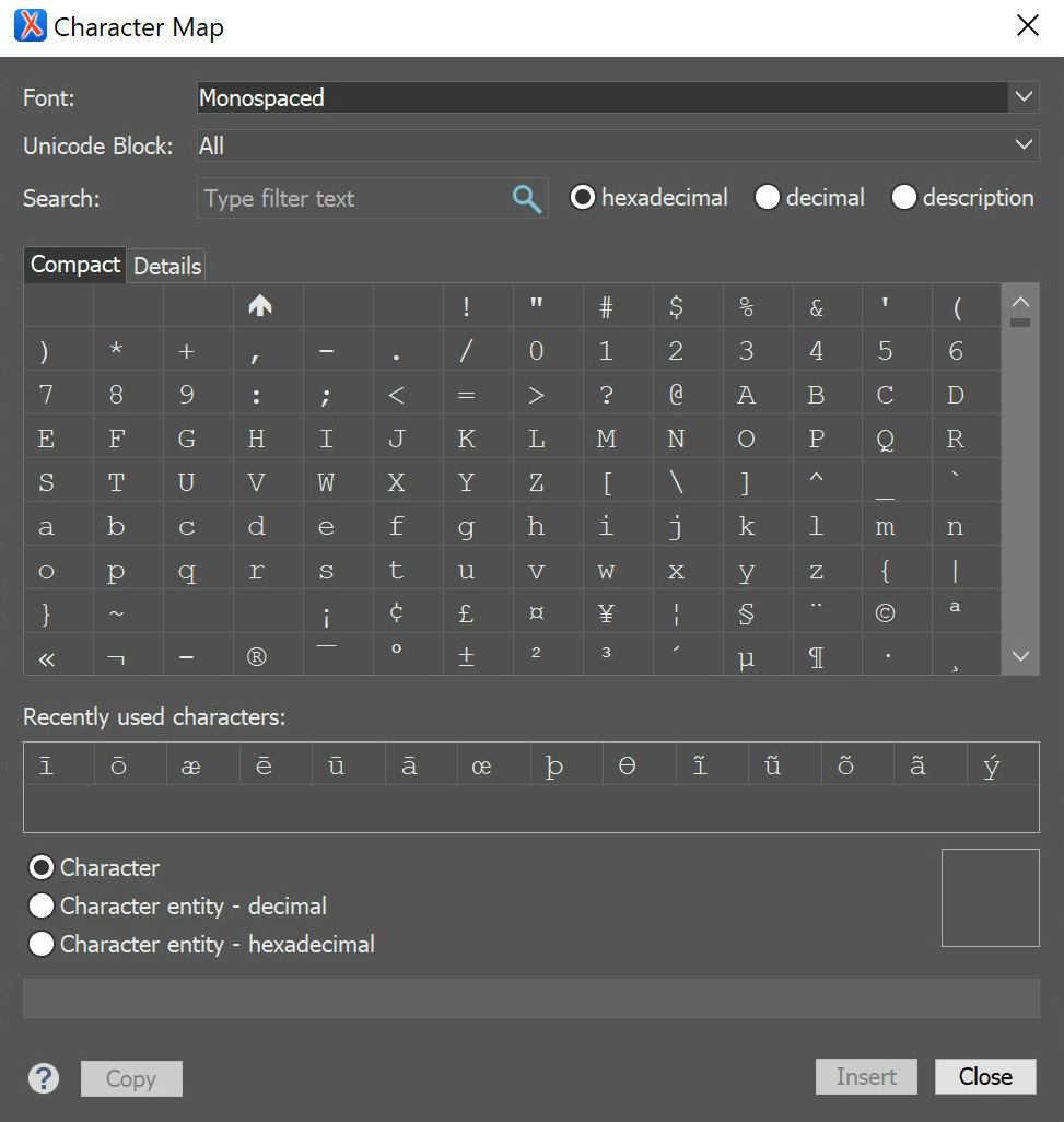 
                           The Character Map window in Oxygen
                        