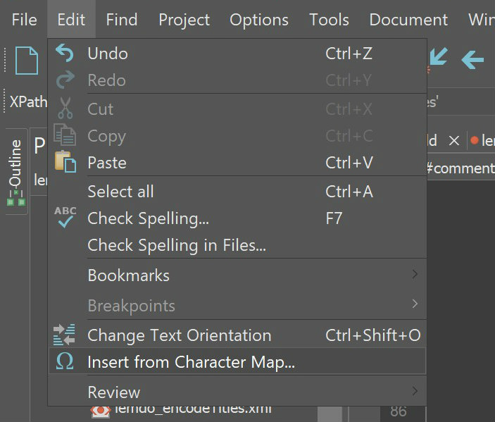 
                           The edit menu in the Oxygen app with Insert from Character Map... selected
                        