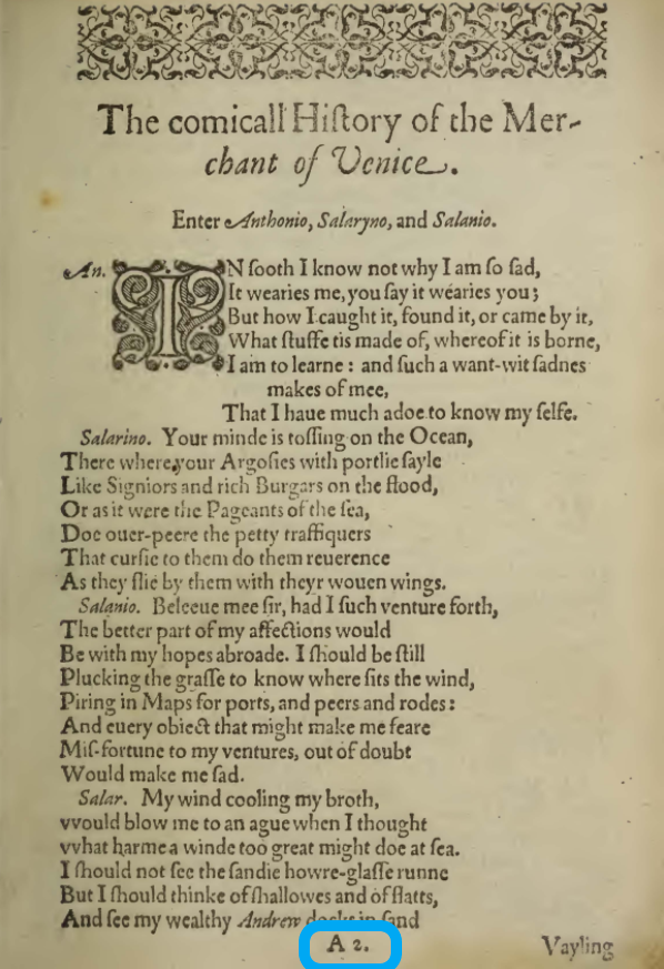 
                        A page from The Merchant of Venice with the signature number A2. circled.
                     
