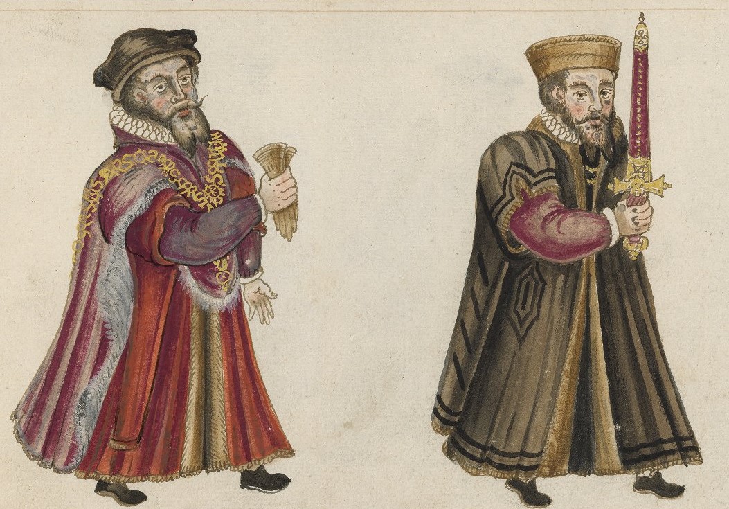 A painting of two bearded white men. The one on the left wears a red doublet and robe, a ruff, and a golden chain of office. He holds a pair of gloves. The one on the right wears a red doublet, green robes, and a ruff. He holds a red and gold sword. Both are wearing hats.
                    