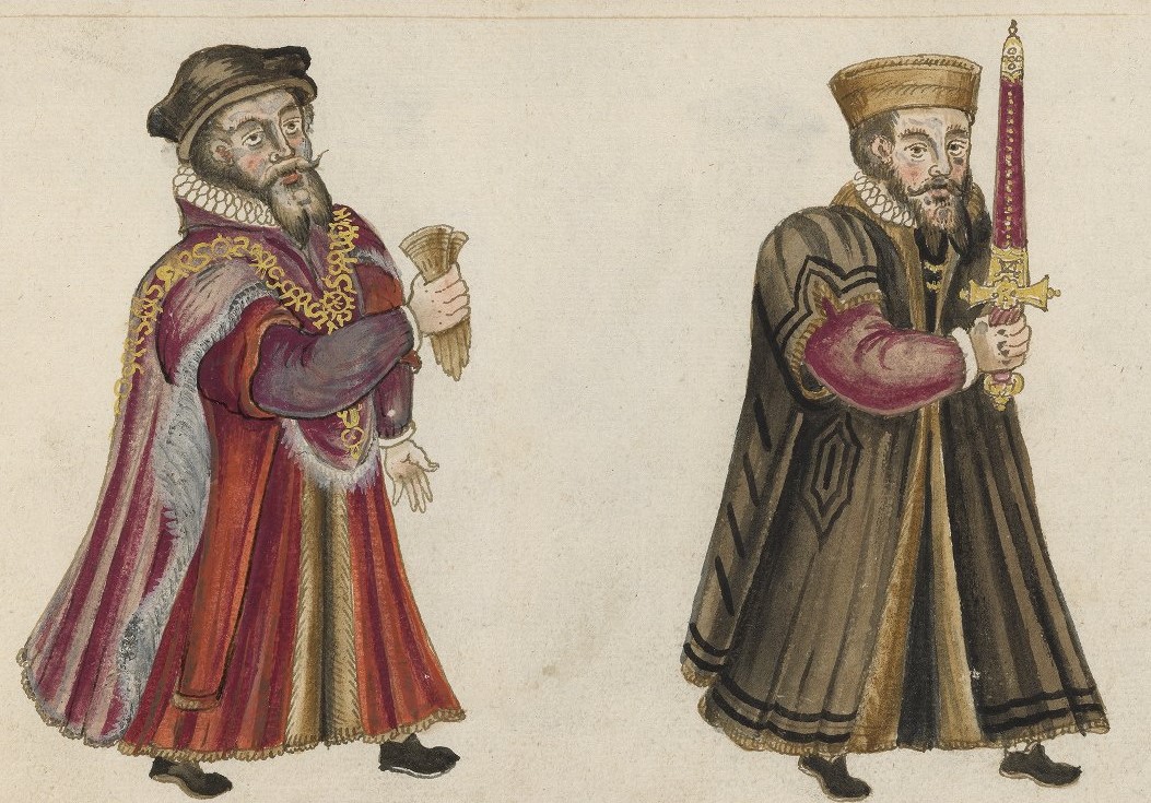 A painting of two bearded white men. The one on the left wears a red doublet and robe, a ruff, and a golden chain of office. He holds a pair of gloves. The one on the right wears a red doublet, green robes, and a ruff. He holds a red and gold sword. Both are wearing hats.