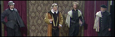 A photo of King Leir, Skallinger, Perillus, and a Nobleman from scene 1 of the King Leir production.